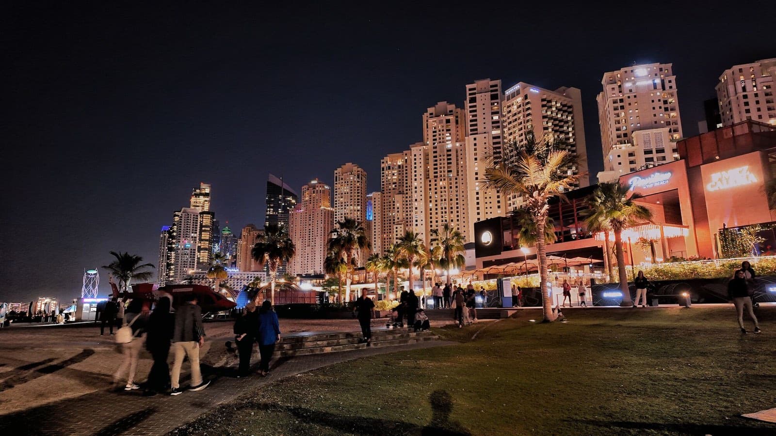 The completed beachfront towers of Jumeirah Beach Residence (JBR), Dubai, at night