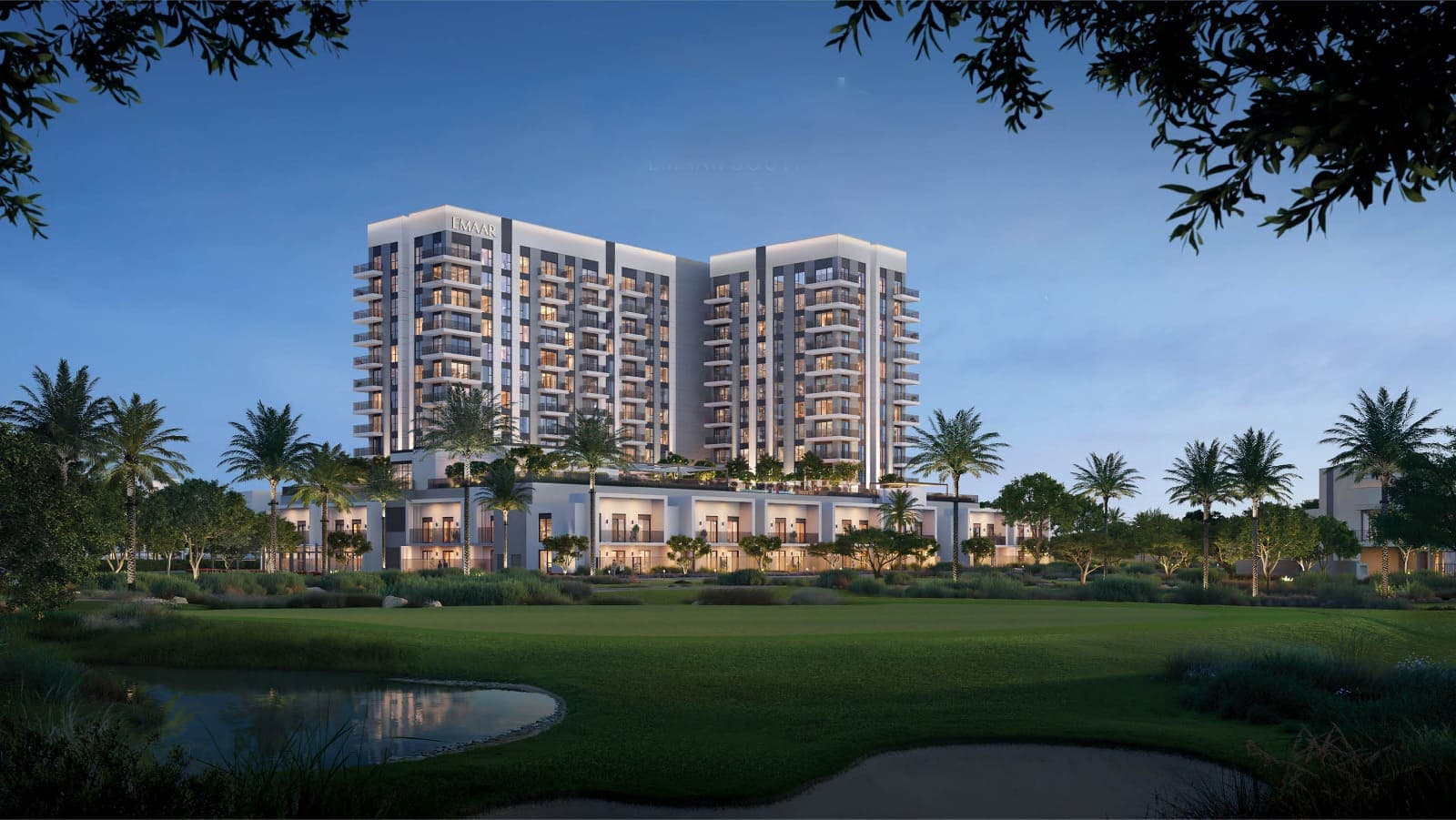 Architectural render of a new residential development beside a golf course in Emaar South, Dubai